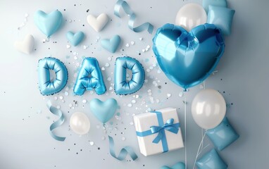 Celebratory decorations with blue balloons and confetti for a special occasion honoring dad