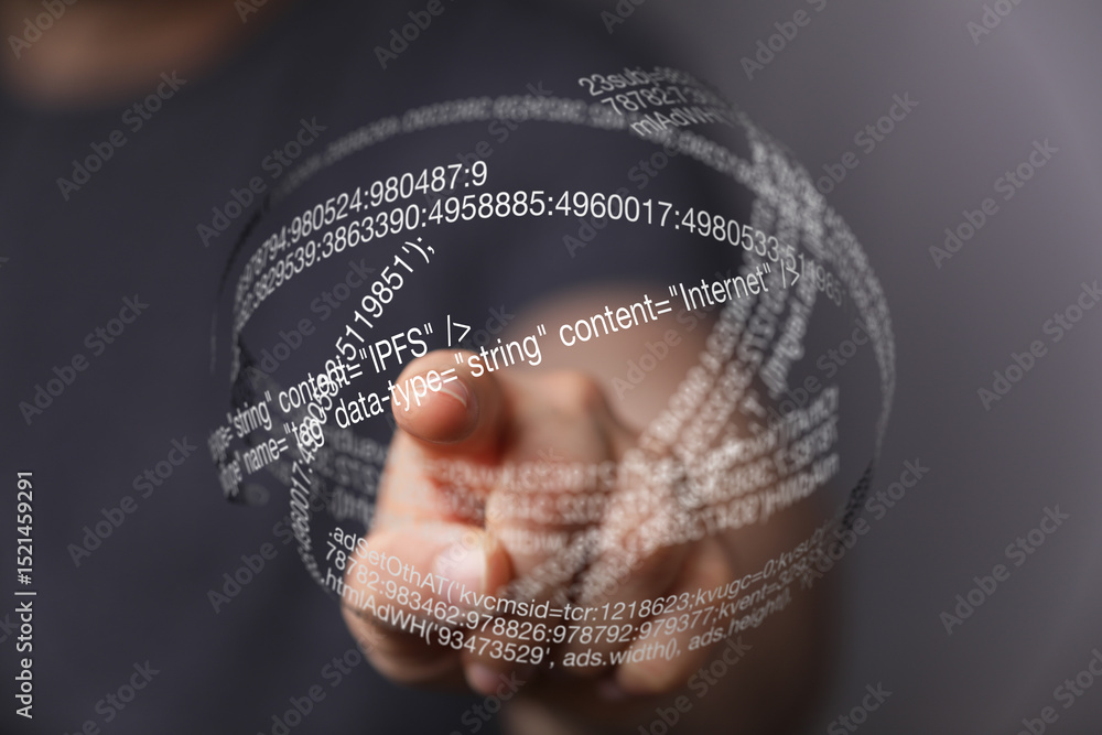 Poster hand pointing at a futuristic digital sphere of code. technology, innovation concept.