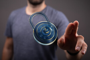 Cybersecurity, data privacy, and online safety.  A man interacts with a digital lock.