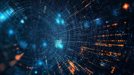 A digital tunnel with blue and orange lights, glowing points, and a circular pattern in the center.