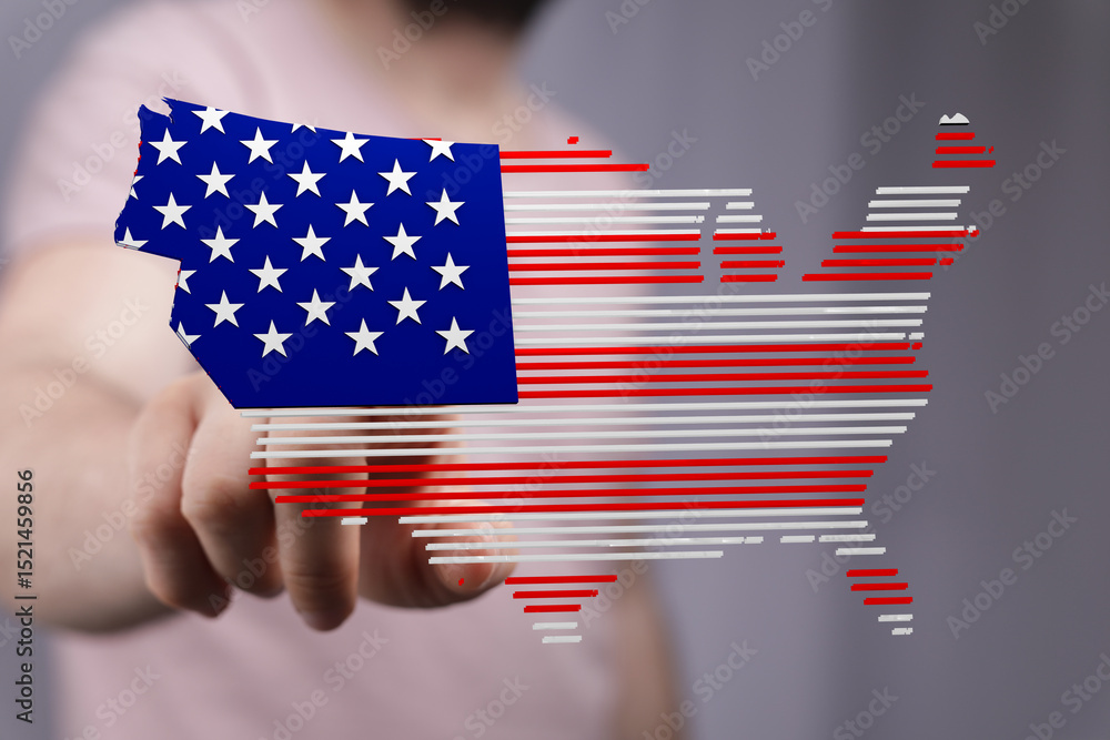 Poster person interacting with a digital us map designed with american flag colors. patriotic concept.