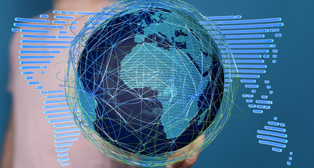 Stock photo of a person holding a digital globe, symbolizing global connectivity and networking.