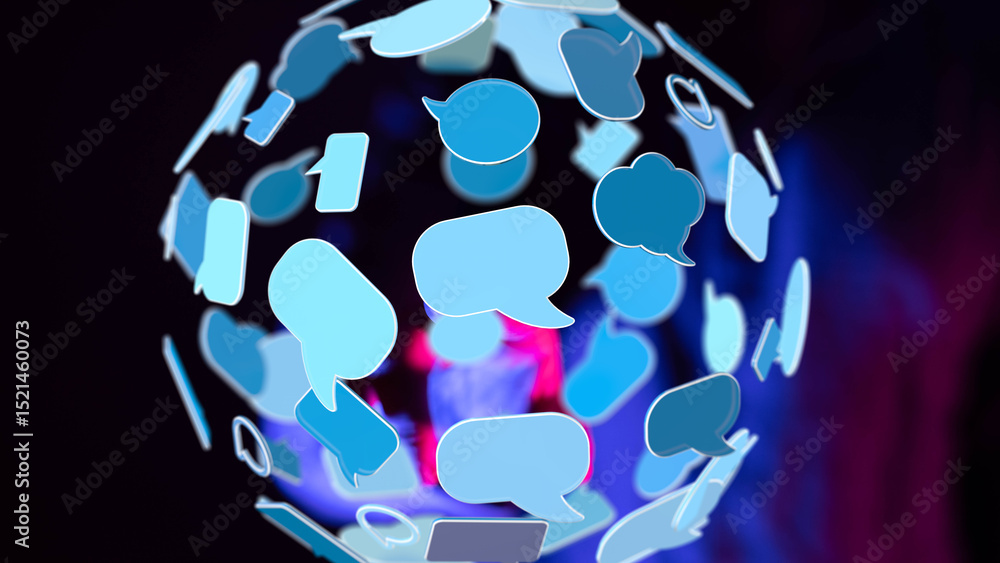 Poster Abstract image depicting a sphere of blue chat bubbles, symbolizing global communication and connection.