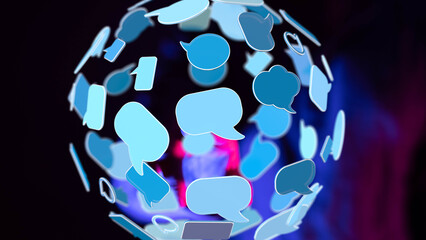 Abstract image depicting a sphere of blue chat bubbles, symbolizing global communication and...