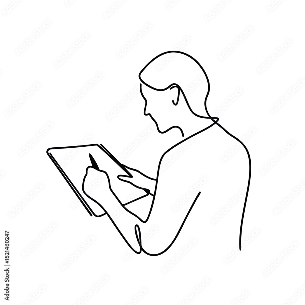 Poster person using tablet continuous line drawing minimalist design