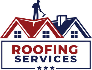 Roofing services logo design with houses and worker