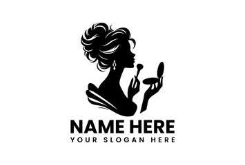 Fashionable beauty silhouette logo showing woman applying makeup with brush and compact  