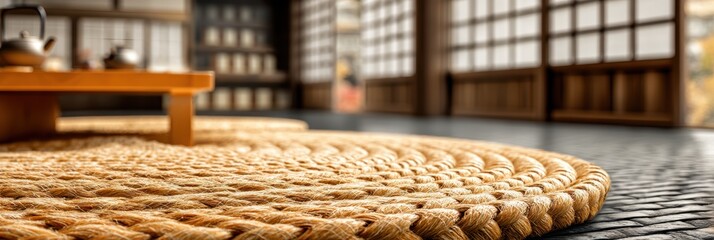 Obraz premium natural straw mat surface with Japanese tea room in background blur