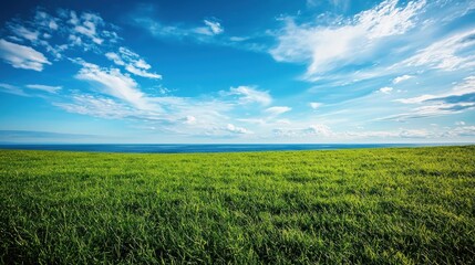 Obraz premium A vast, green, grassy field stretches towards a distant horizon under a clear blue sky with scattered white clouds.