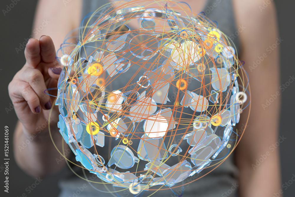 Poster abstract image of a woman interacting with a digital sphere representing global network connections.