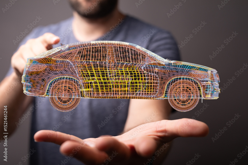 Poster a person's hand displays a wireframe model of a car, representing automotive design and technology.