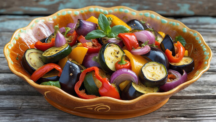 A French ratatouille in a colorful ceramic dish