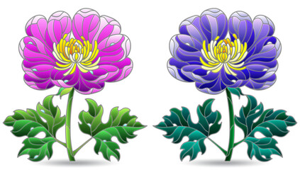 A set of illustrations in the style of stained glass with  flowers, figures isolated on a white background