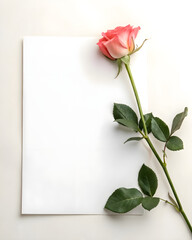 Fototapeta premium Soft minimal white paper background with a single rose and its stem in the corner
