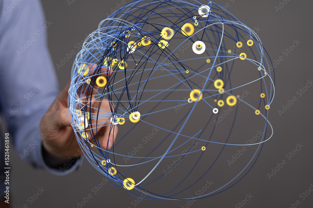 Poster Abstract image of a hand interacting with a digital global network. Represents connection, technology, and communication.