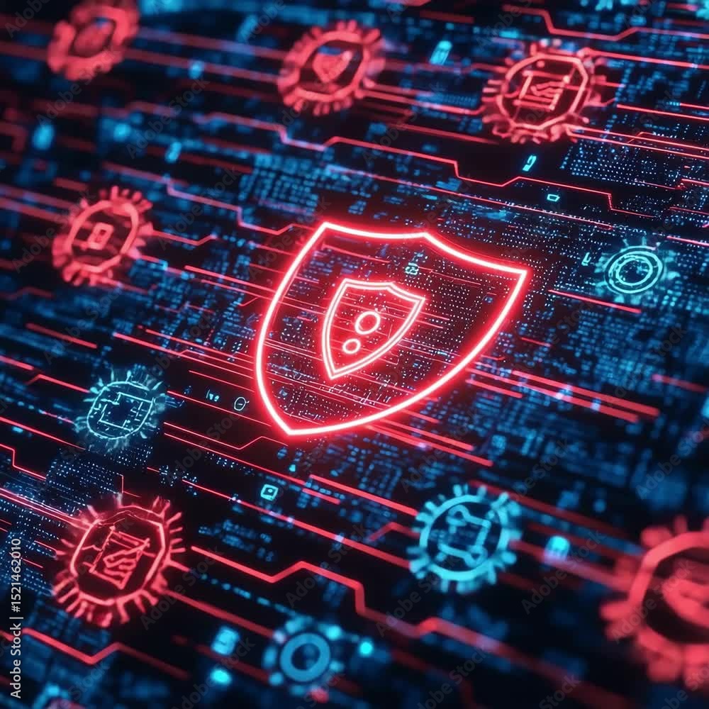 Poster exploring digital security visuals with glowing symbols and circuit-like patterns in a futuristic en