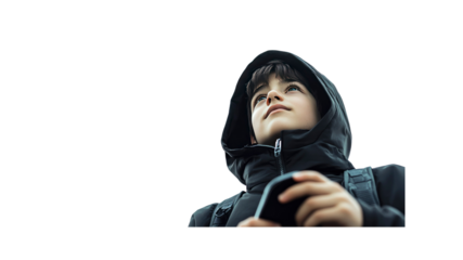 Hopeful Young Boy Looking Upwards, Holding Smartphone