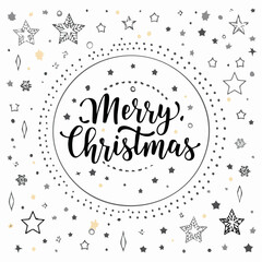 Vector greeting card with stars and sparkles in line style - merry christmas hand-lettering with line shapes and forms, horizontal banner and background, happy holidays, happy new year
