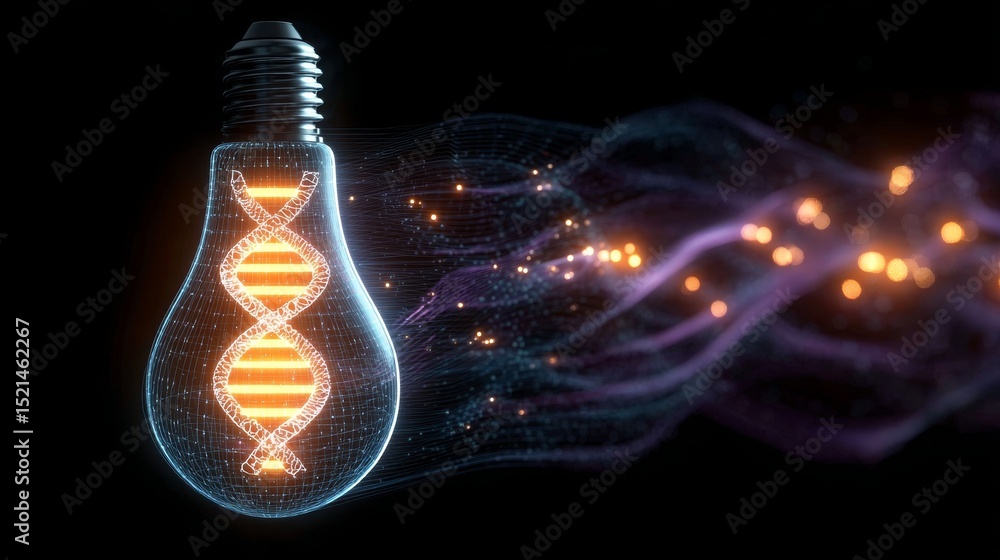 Poster illuminating dna double helix inside a glowing lightbulb with ethereal waves and orange traces