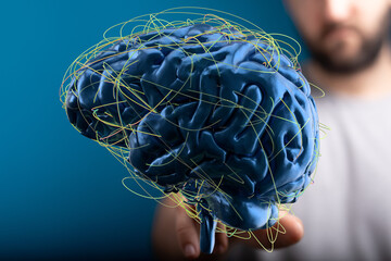 3D rendering of a human brain with neural connections.  Concept for AI, neuroscience, and mental...