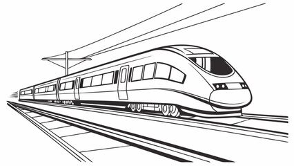 Illustration of a modern high speed train on the tracks with overhead power lines in black and white style