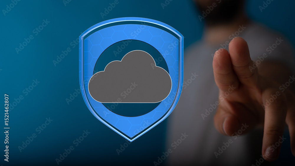 Poster Image of a hand interacting with a digital shield protecting a cloud, symbolizing secure cloud computing and data protection.