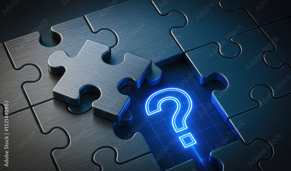 Aufkleber a glowing question symbol beneath a metallic puzzle piece symbolizes uncertainty and problem-solving