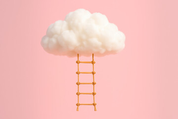 Imagination and aspiration drive growth as a rope ladder leads upward to a fluffy cloud against a soft pink background