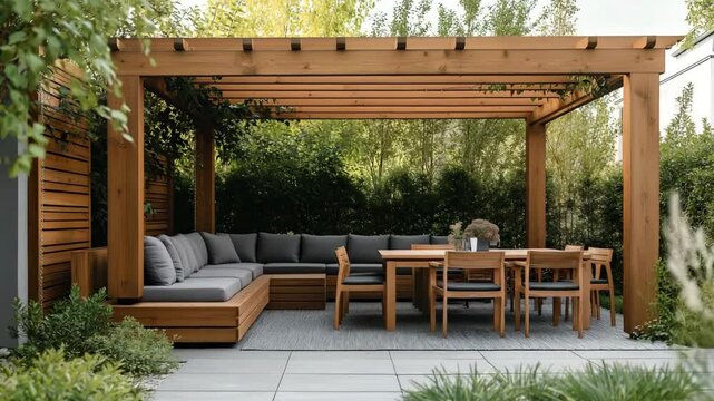 Elegant outdoor patio design featuring wooden pergola and cozy seating arrangement for relaxing gatherings