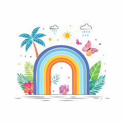 Vector illustration in simple linear style - summer geometrical banner, design template and stickers - rainbow flowers, butterflies and palm