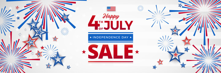 4th of July Sale horizontal banner - vector illustration with USA flag, bold Sale typography, red and blue stars, light festive background. Perfect for email header, marketing campaign, website banner
