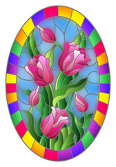 Illustration in stained glass style with a bouquet of pink tulips on a blue background in a bright frame, oval image