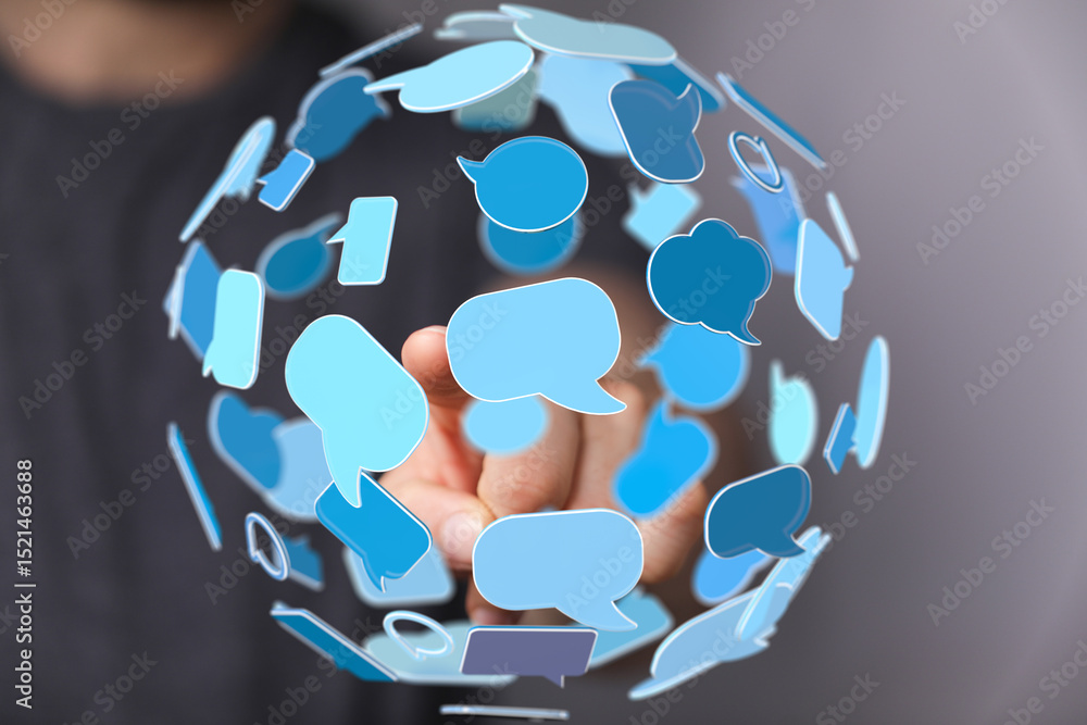 Poster conceptual image of a person interacting with a network of communication bubbles.