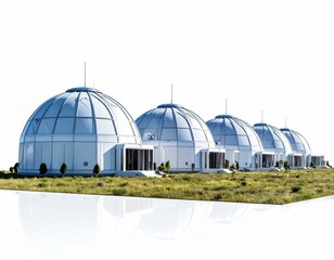 Modern geodesic dome structures architectural design on a grassy field Futuristic buildings exterior view