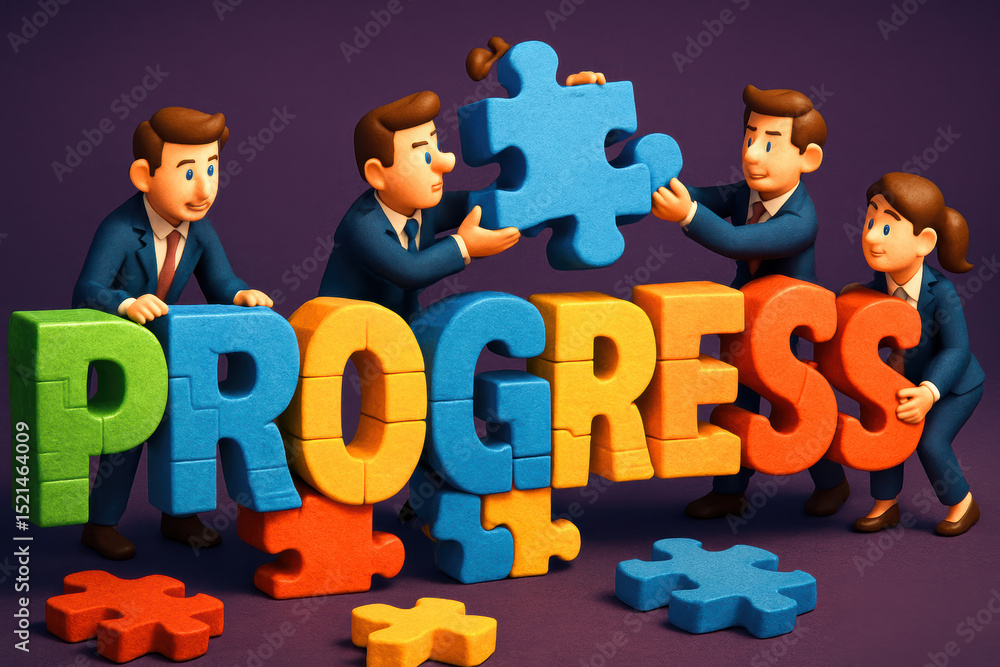 Poster a business concept scene depicts teamwork assembling puzzle pieces to symbolically represent progres
