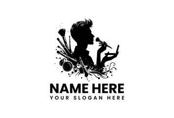 Elegant silhouette vector logo of a woman applying makeup with a brush and compact. Beauty and fashion concept