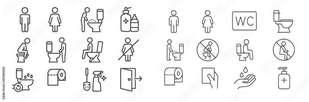 Poster icons depicting various bathroom activities and hygiene practices in a public restroom setting