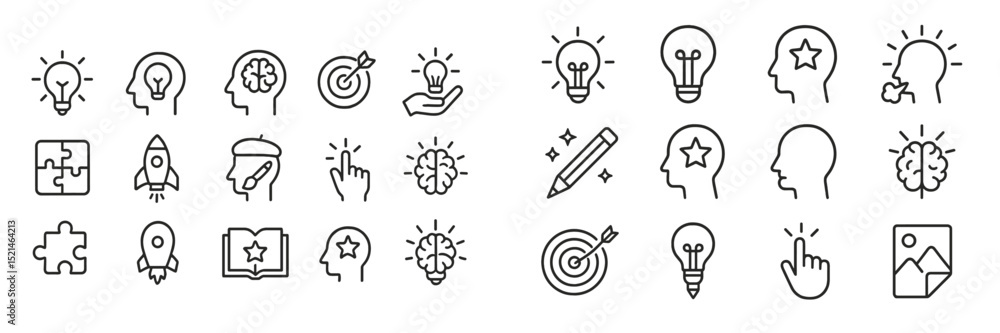 Poster collection of line icons representing creativity, ideas, and innovation in various forms and express