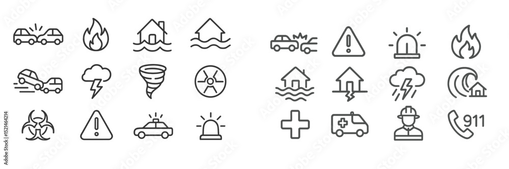 Poster emergency response icons showcasing various natural disaster scenarios and emergency contact informa