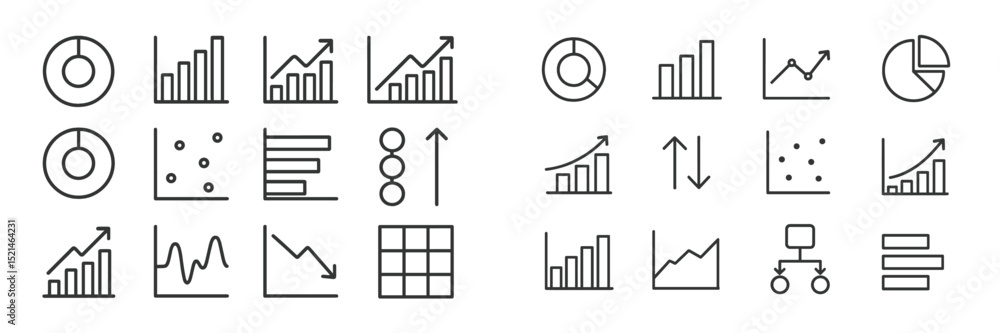 Aufkleber Collection of various charts and graphs in black line art on a white background used for data visualization
