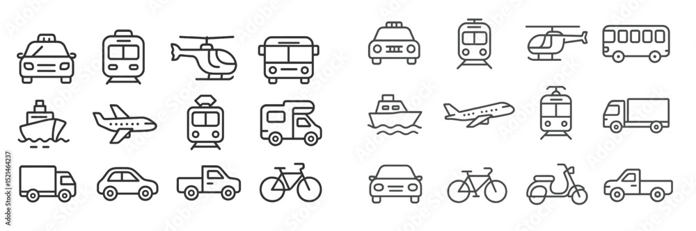 Poster Various modes of transportation illustrated in simple line art in a clean and organized layout