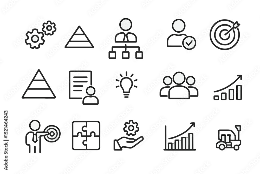 Poster various icons representing business concepts such as teamwork, goal setting, and growth in a minimal