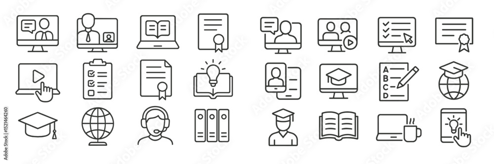 Poster collection of educational icons depicting various online learning activities and resources for virtu
