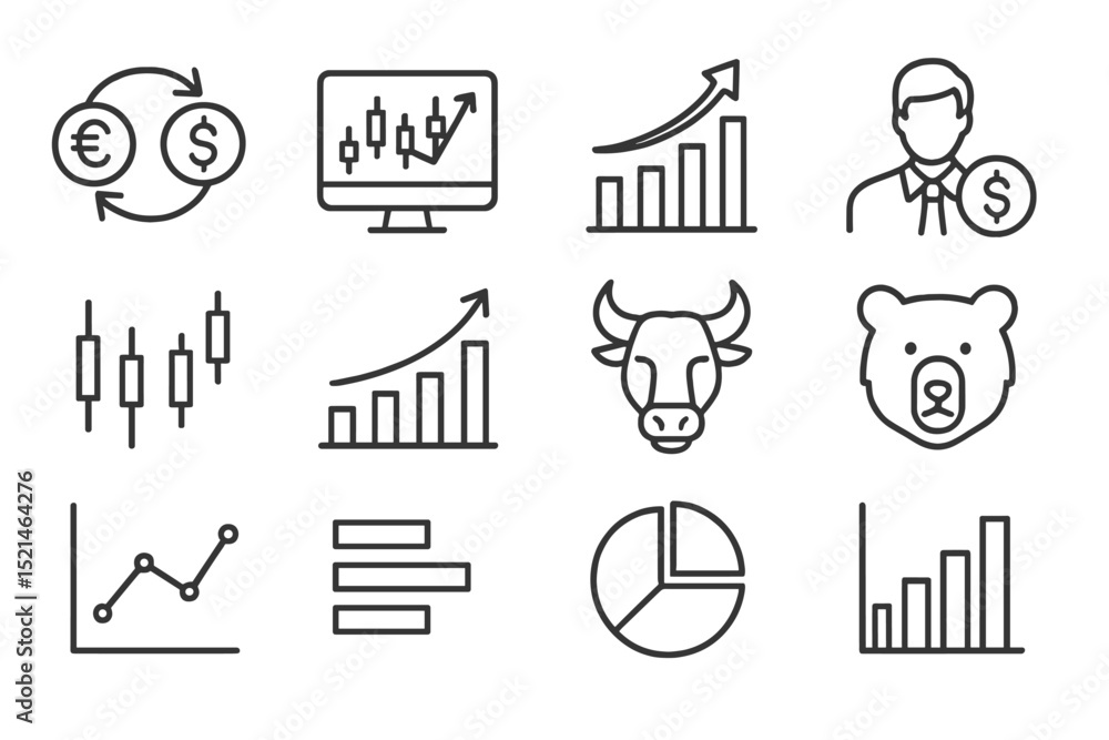 Poster Financial analysis tools and concepts for market trends and investment insights displayed in simple line graphics