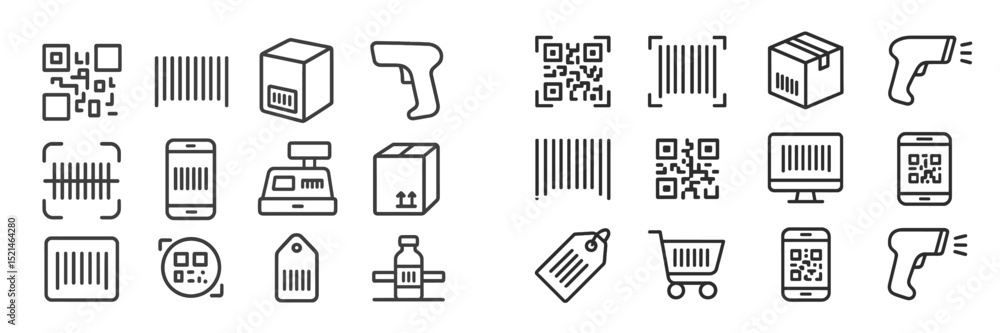 Aufkleber Collection of barcode and QR code icons showcasing various scanning devices and applications in retail and inventory management