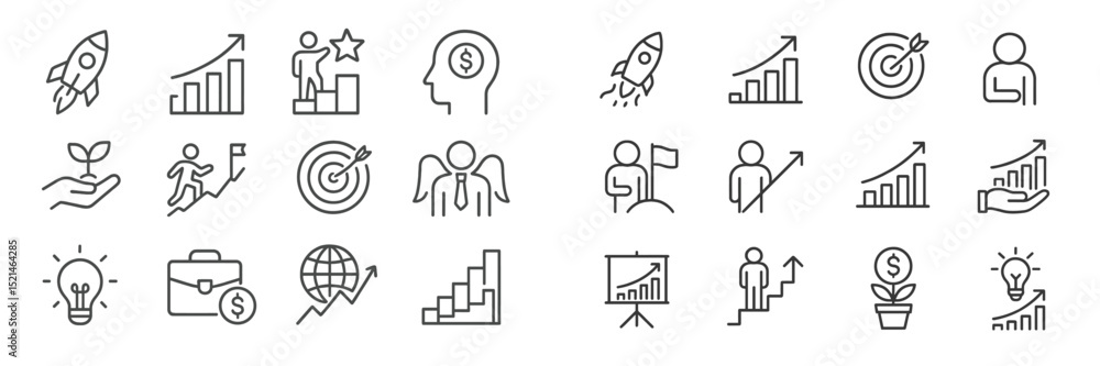 Poster growth and success icons illustrating business development concepts in a minimalist design