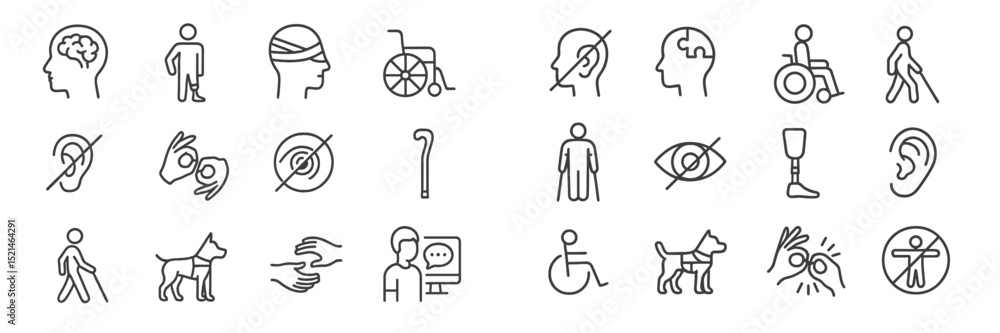 Aufkleber icons representing various aspects of accessibility and disability in different activities and envir