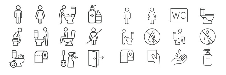 Icons depicting various bathroom activities and hygiene practices in a public restroom setting