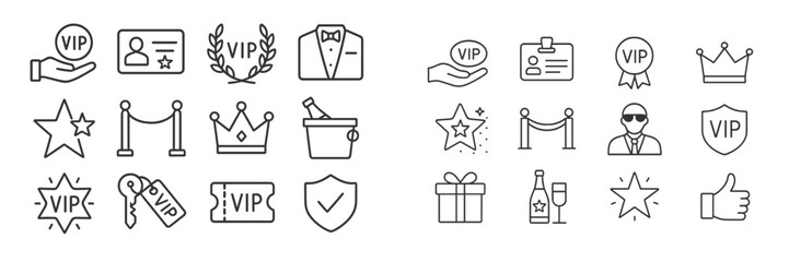 Elegant VIP themed icons showcasing various symbols of exclusivity, luxury, and celebration in a modern design style