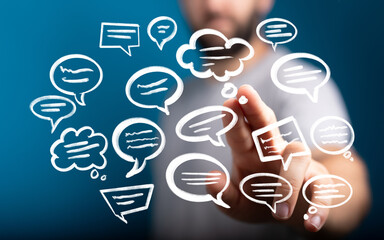 Image of a person interacting with speech bubbles, representing communication, dialogue, and social...